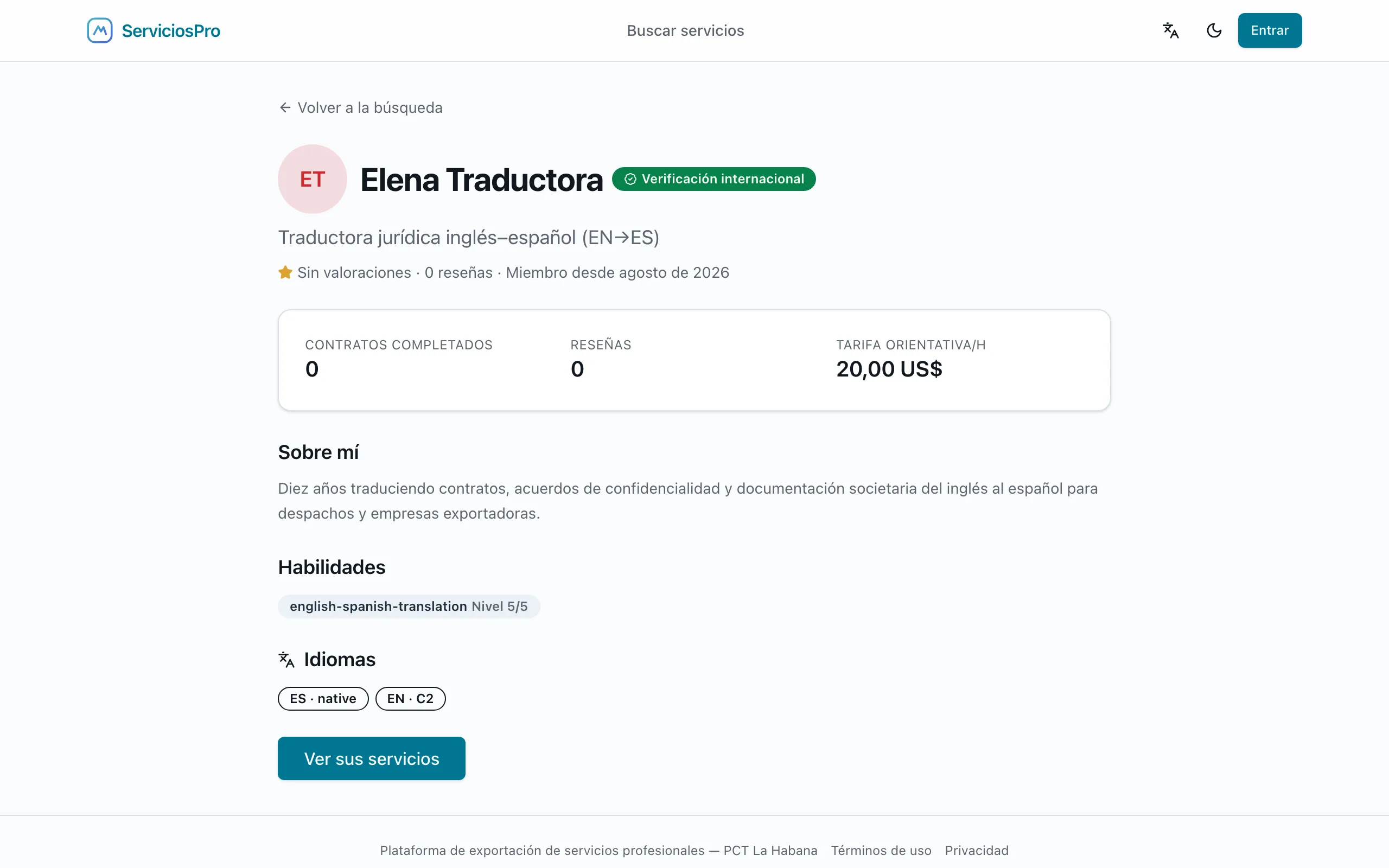 Captura real del perfil público de un profesional con credenciales validadas y servicios.