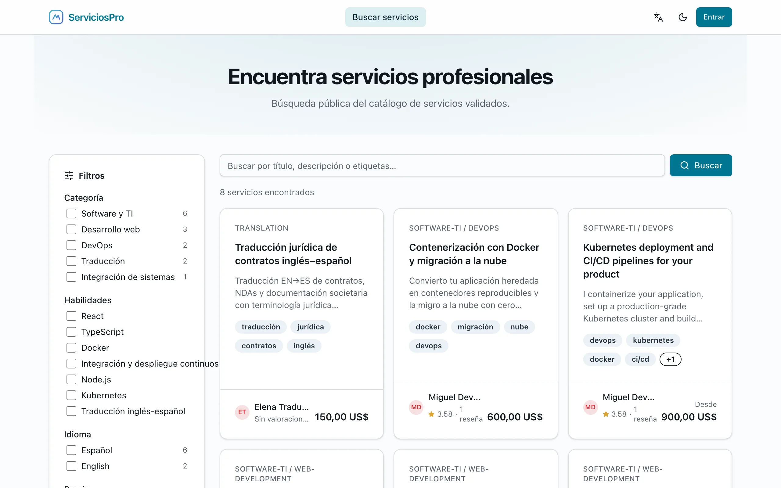 Captura real de la página de búsqueda con resultados de servicios y filtros por categoría, precio e idioma.