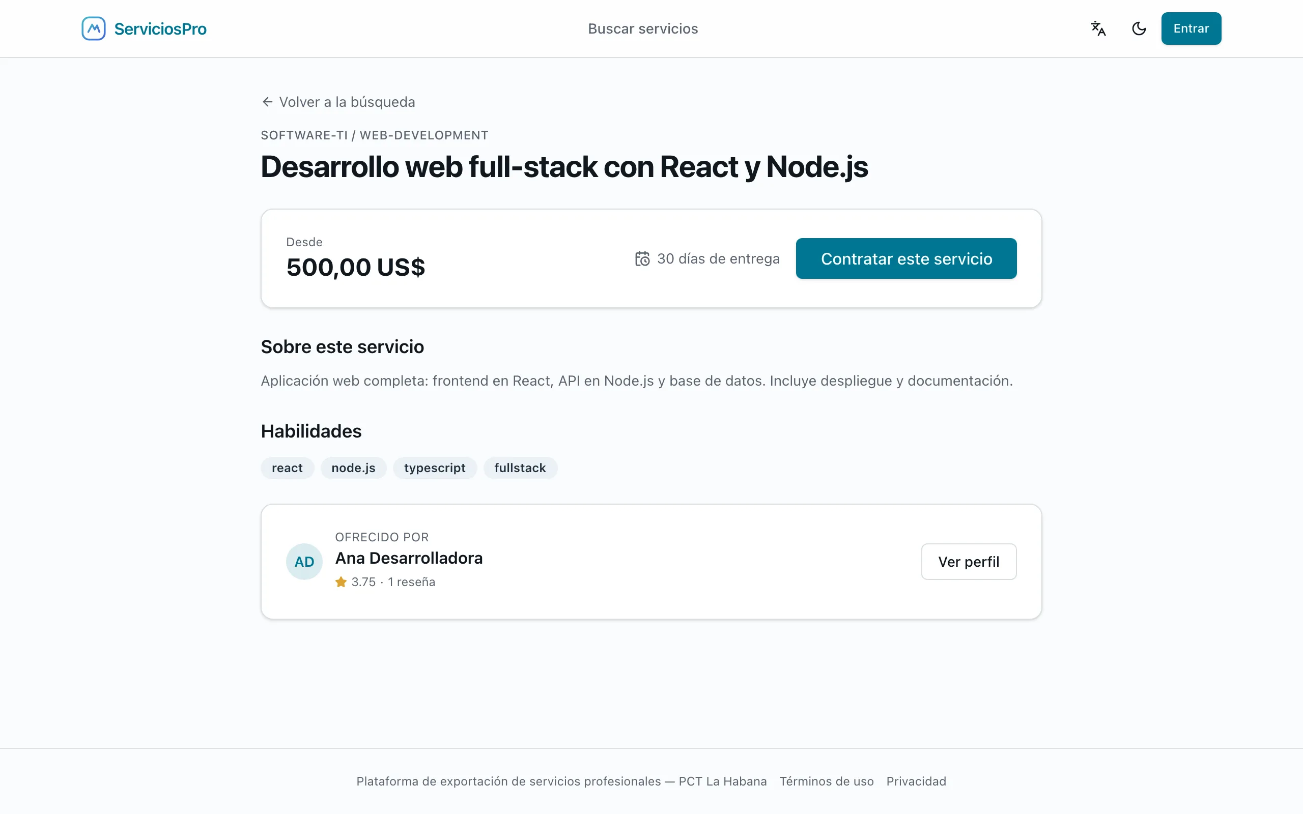 Captura real de la ficha de un servicio con precio, descripción y datos del profesional.